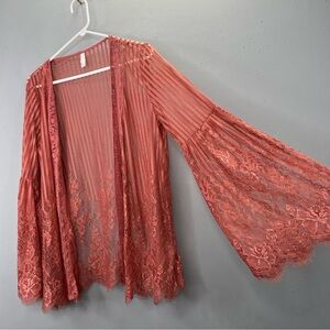 Xhilaration Lace Cardigan Sweater Coverup M Dusty Rose Mauve Bell Sleeve Crochet